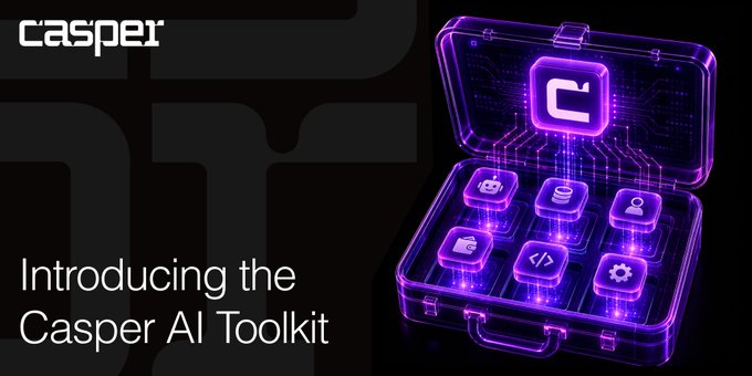 The image features a purple suitcase with six buttons, each labeled with an AI tool icon. The suitcase appears to be open, revealing its contents. Below the suitcase, there's text that reads "Introducing the Casper AI Toolkit". This suggests that the suitcase is part of a new AI offering from Casper, which includes various AI tools and resources for use in different industries.