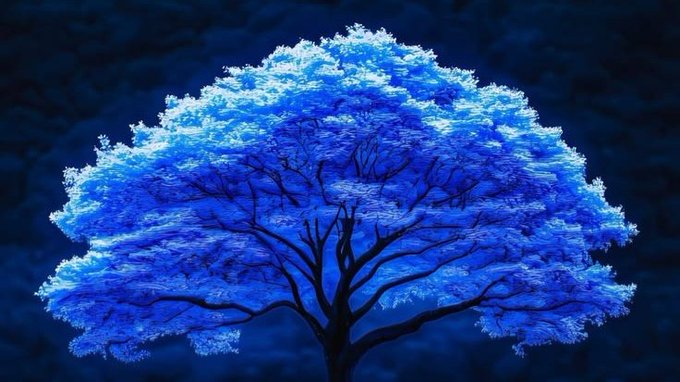 A luminous blue tree glows against a dark background, with intricate branches and a glowing canopy of leaves.