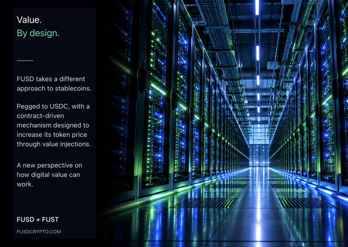 An advertisement for FUSD stablecoin reads 'Value. By design.' with text explaining FUSD is pegged to USDC and mentions 'FUSD + FUST' and 'FUSDCRYPTO.COM', set against a server room background.