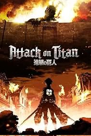 A dramatic poster for 'Attack on Titan' (進撃の巨人) showing a soldier's silhouette against a fiery, apocalyptic background.
