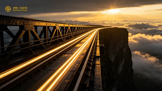 A steel bridge stretches across a sea of golden clouds at sunset, with glowing light trails along its tracks symbolizing forward momentum. The top-left corner displays the ARK | DeFAI logo with the tagline "Code the Future," reinforcing the post's message of building purposeful pathways in Web3 through Arkie AI Agents.