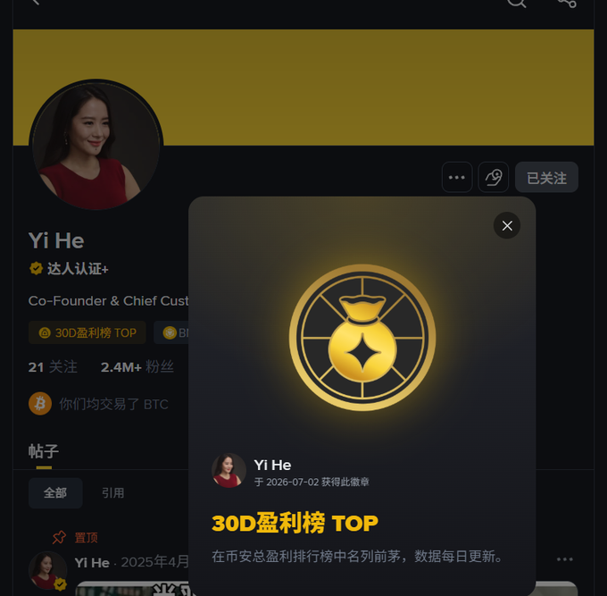 The image shows a Binance Square profile of Yi He (Co-Founder & Chief Customer Officer) with a popup displaying her "30D 盈利榜 TOP" (30D Profit List TOP) gold badge, awarded on 2026-07-02. The badge celebrates her top ranking on the platform's 30-day profit leaderboard, aligning with the post's congratulatory message about her claiming the #1 spot on Binance Square's 30D Profit List.