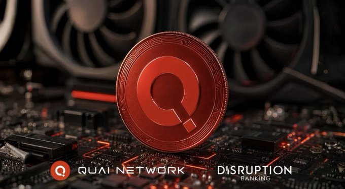 Promotional graphic for 'QUAI NETWORK' featuring a large red cryptocurrency coin with the 'Q' logo displayed over a computer motherboard background, alongside 'DISRUPTION BANKING' text.