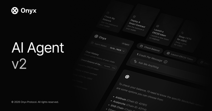 The image showcases the Onyx AI Agent v2 interface, featuring a dark-themed dashboard with chat history options like "Check My Balance," "Deploy a Smart Contract," "Launch a ERC20 Token," and "Swap 1 ETH for USDC," all powered by the $XCN token on ai.onyx.org. It directly illustrates the platform being promoted in the post, highlighting how users can interact with the AI agent using $XCN to access blockchain tools across networks like Arbitrum and Avalanche.