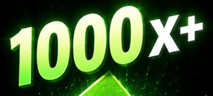 The image features bold, glowing green 3D text reading "1000x+" against a dark background, visually reinforcing the poster's search for a cryptocurrency ticker with 1000x return potential. The "X+" in bright green emphasizes the massive multiplier they're hoping to find.