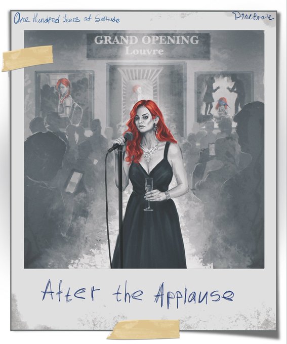 The image depicts an artist's digital art piece titled "After the Appreciation" featuring two women standing behind microphones, one of them holding a glass of wine while the other has her arm around a man who is also holding a microphone. The painting has a text at the bottom that reads "Sold out today? It's unbelievable, but the latest edition is still available. After the applause 100% hand-painted digital art 1/7 xtz The collection is dedicated to the loneliness of a person from birth to death".