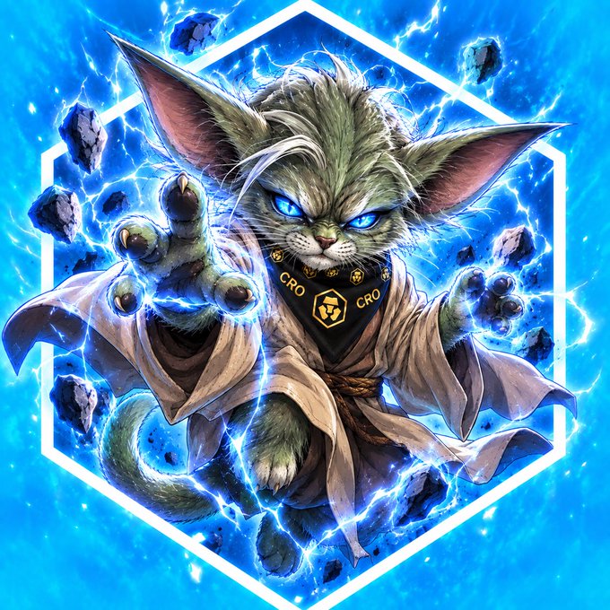 Digital artwork of an anthropomorphic cat with glowing blue eyes, wearing a robe and a bandana reading 'CRO', wielding blue lightning magic within a hexagonal frame.