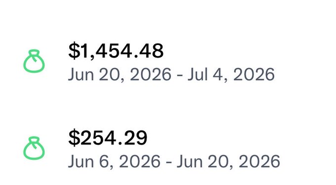 The image shows two rental income payouts from Airbnb: $1,454.48 for Jun 20, 2026 - Jul 4, 2026 and $254.29 for Jun 6, 2026 - Jun 20, 2026. The image illustrates increasing earnings ("number go up") being celebrated in the accompanying post about gratitude and getting premium to continue posting.