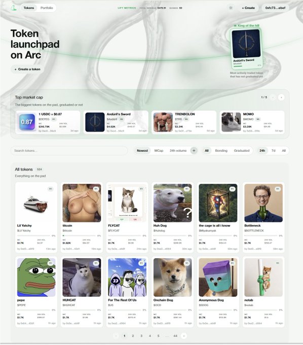 This is a screenshot of a token launchpad interface on "Arc", showing various tokens with their market caps and trading volumes. The image displays tokens like "1 USDC", "Andúril's Sword", "Bitcoin", and "Pepe".