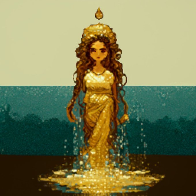 A pixel art depiction of a golden statue of a woman with flowing hair, wearing an elegant gown and a crown topped with a flame, standing on a pedestal as sparkling water cascades around her base against a teal and pale sky background—visually referencing the mythological conception of Perseus, where Danaë was visited by Zeus in the form of golden rain.