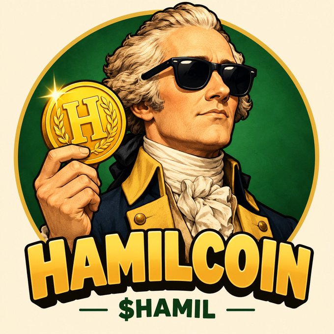 An illustrated logo depicts a man in colonial-era attire and sunglasses holding a gold coin marked 'H', with the text 'HAMILCOIN' and '$HAMIL' below.