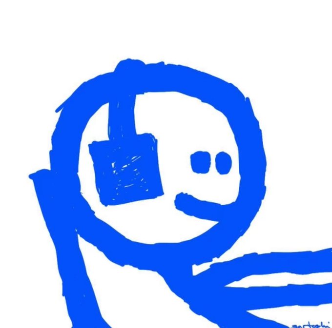A simple blue line drawing on a white background depicting a smiling face with a square-shaped eye or monocle, with a blue shape extending to the right.