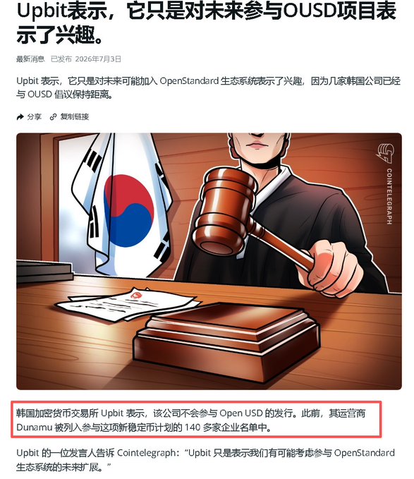A Chinese-language Cointelegraph article titled 'Upbit表示，它只是对未来参与OUSD项目表示了兴趣' about Korean crypto exchange Upbit expressing interest in the Open USD stablecoin, illustrated with a judge banging a gavel beside a South Korean flag.