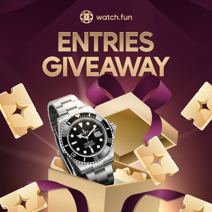 A promotional "ENTRIES GIVEAWAY" graphic from watch.fun features a Rolex Submariner watch emerging from a gold gift box with a purple ribbon, surrounded by golden entry tickets, advertising the giveaway winners and entry details for the watch drop.