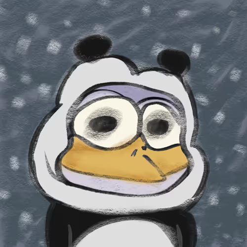 A stylized cartoon of a duck character wearing a white hood, set against a dark blue background with falling snow.