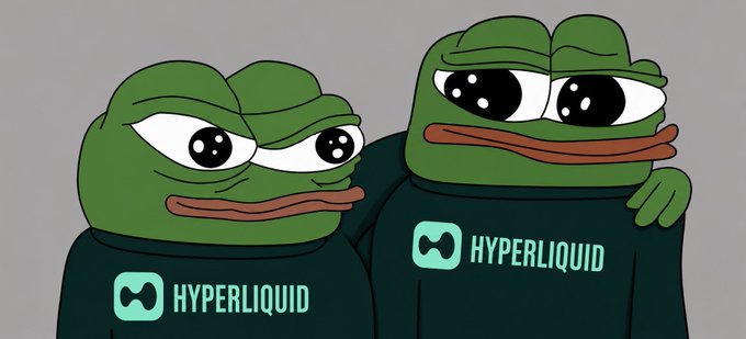 A digital illustration features two cartoon-style Pepe the Frog characters with large, expressive eyes. They are wearing matching dark green t-shirts bearing the word "HYPERLIQUID" and a green logo resembling an hourglass or infinity symbol.