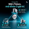 Vietnamese-language cryptocurrency promotional poster for 'Một Token, Mở Khoá 3 Giá Trị' featuring a central triangular diagram with three icons representing 'KỸ THUẬT' (Technology), 'THỂ CHẤT' (Physical), and 'TINH THẦN' (Spirit) values.