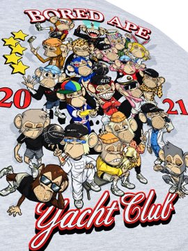 A graphic t-shirt design for 'Bored Ape Yacht Club 2021' displaying a dense collage of various cartoon-style ape characters.