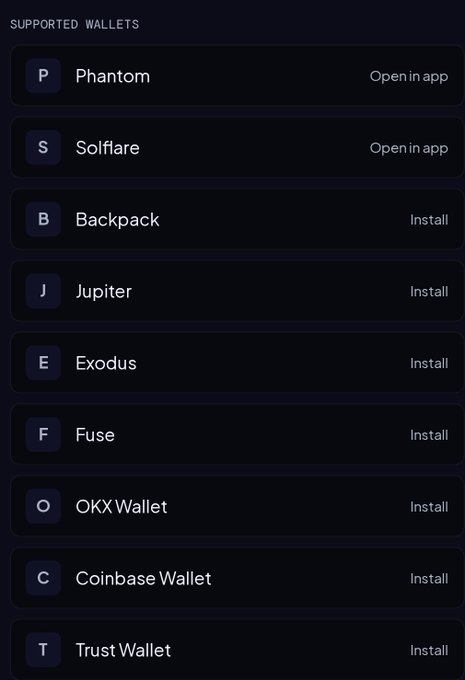 A dark-themed screenshot listing supported cryptocurrency wallets including Phantom and Solflare (marked "Open in app") along with Backpack, Jupiter, Exodus, Fuse, OKX Wallet, Coinbase Wallet, and Trust Wallet (all marked "Install").