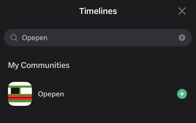A screenshot of a "Timelines" interface showing a search bar with "Opepen" entered and the "Opepen" community listed under "My Communities" with a green "+" button to add it, illustrating the ability to add specific community timeline views mentioned in the post.
