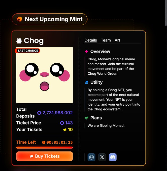 Web3 minting page for "Chog," labeled LAST CHANCE, showing a meme NFT with Total Deposits 2,731,988.002, Ticket Price 143, Your Tickets 10, and a countdown timer.