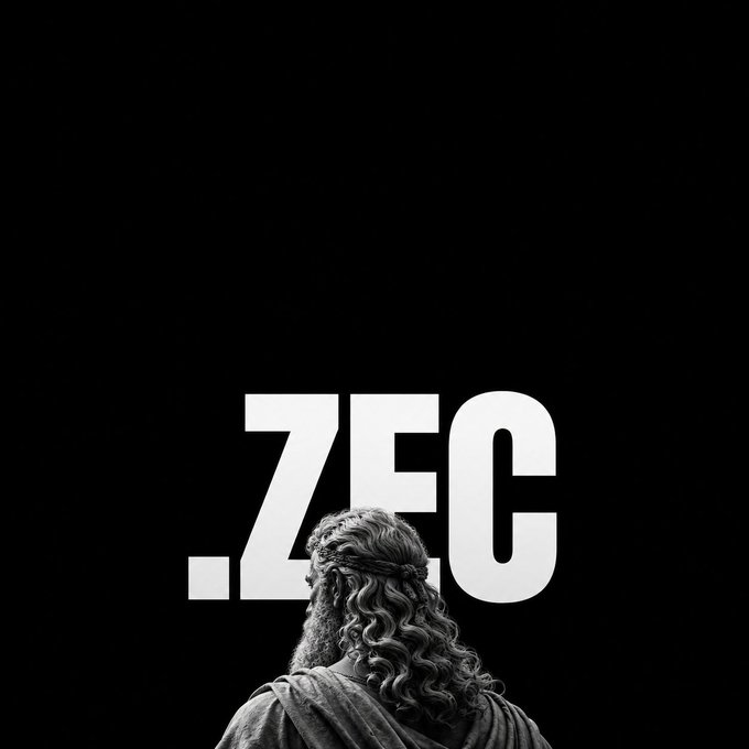 A black background features large white text “.ZEC” above a grayscale image of a curly-haired, bearded figure.