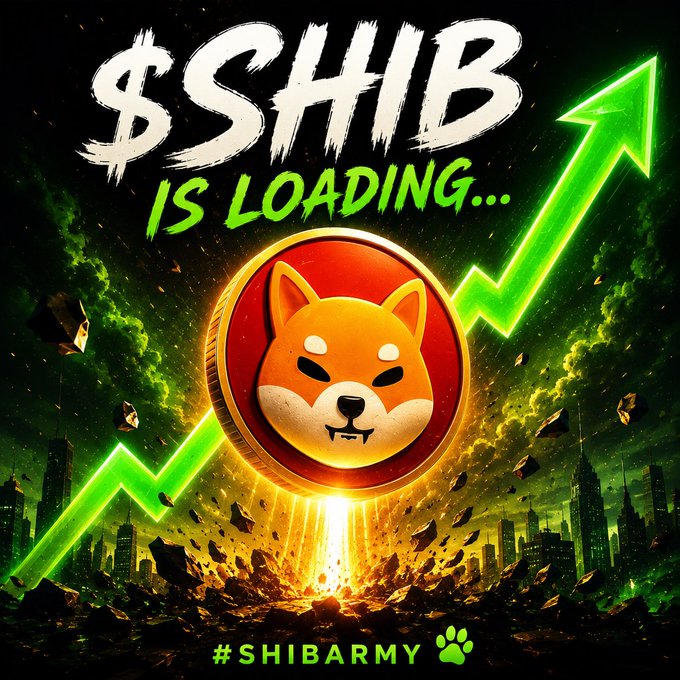 A promotional graphic featuring a Shiba Inu coin with the text '$SHIB IS LOADING...' and '#SHIBARMY', accompanied by a bright green upward arrow indicating price growth.