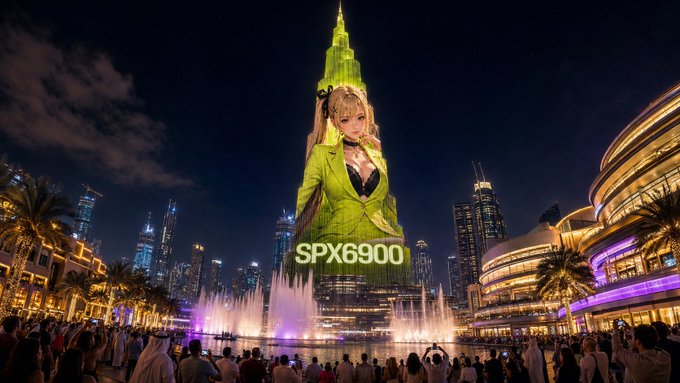 An anime-style character with blonde hair in a green suit projected onto the Burj Khalifa at night, with the text 'SPX6900' displayed over the fountains.
