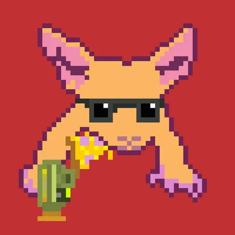 Pixel art of an orange fox-like character wearing black sunglasses and holding a green drink with a yellow garnish against a red background.