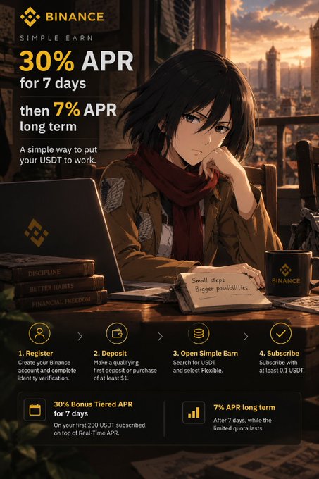 A Binance advertisement featuring an anime-style illustration of a young woman at a desk with a laptop, promoting 'SIMPLE EARN' with 30% APR for 7 days then 7% APR long term.