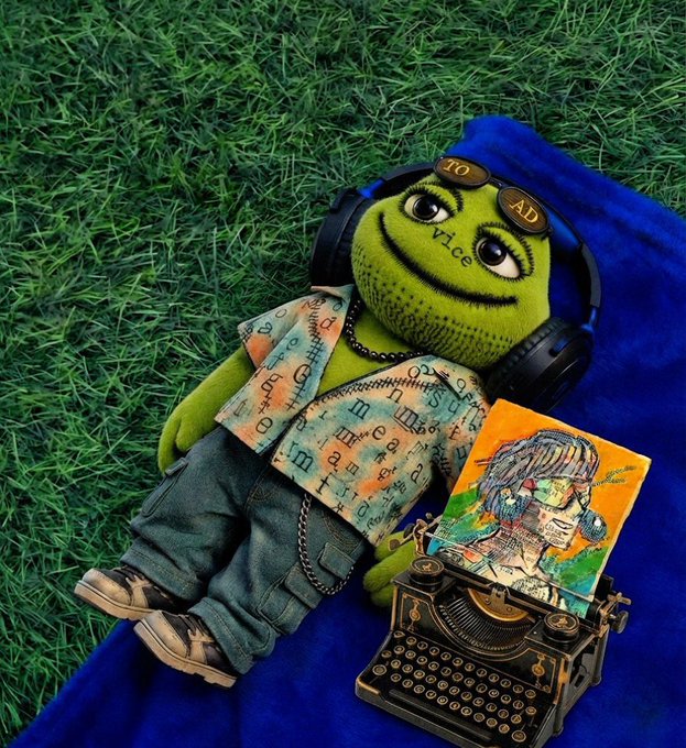 A green plush frog wearing 'Vice' and 'LOAD' glasses, headphones, and a printed shirt, lying on grass next to a vintage typewriter.