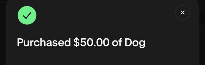 A mobile notification with a green checkmark icon on a dark background displaying the text 'Purchased $50.00 of Dog'.