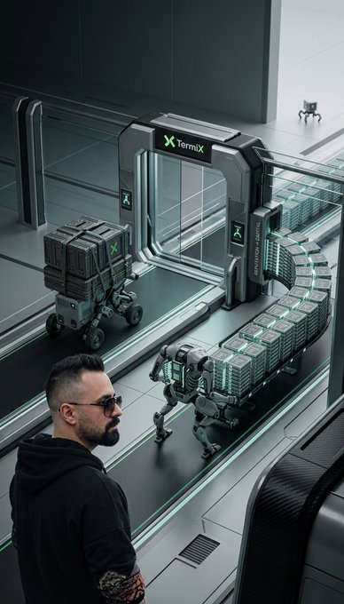 A futuristic scene featuring a tattooed man with sunglasses watching robotic units carrying cash through a 'TermiX' security checkpoint.