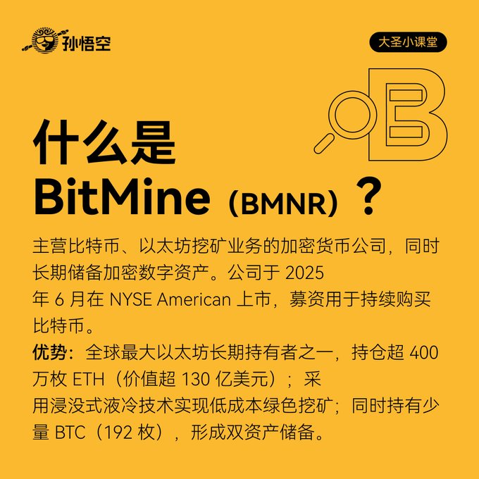 The image features a yellow background with black text that reads "Great Sage Little Classroom Episode BMNR (BMRN) Bitmine?". The post discusses the company BitMine's involvement in Bitcoin and Ethereum mining, as well as their adoption of immersion liquid cooling green mining techniques. The post also mentions that Bit Mine holds over 4 million ETH, which is a cryptocurrency.