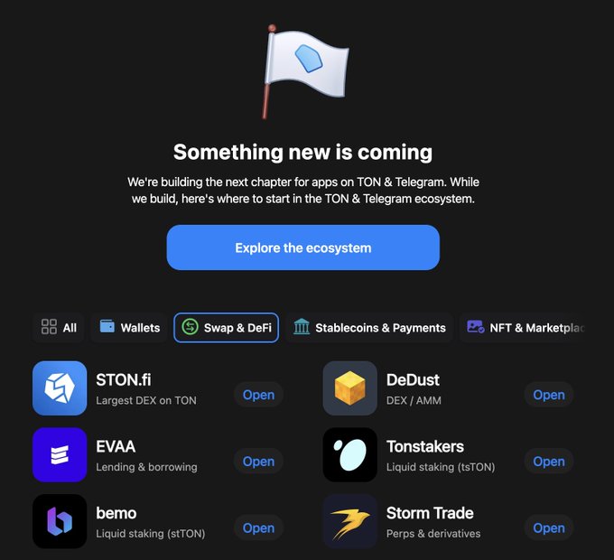 The image shows a Telegram Apps Center placeholder page with a flag emoji and the message "Something new is coming - We're building the next chapter for apps on TON & Telegram," along with an "Explore the ecosystem" button and a list of crypto apps including STON.fi (largest DEX on TON), DeDust (DEX/AMM), EVAA (lending & borrowing), Tonstakers (liquid staking), bemo (liquid staking), and Storm Trade (perps & derivatives). The page represents MTONGA's take over of the Telegram Apps Center, signaling a forthcoming solution to the problem of mini app discovery within Telegram, similar to how they previously redesigned the ton.org website.