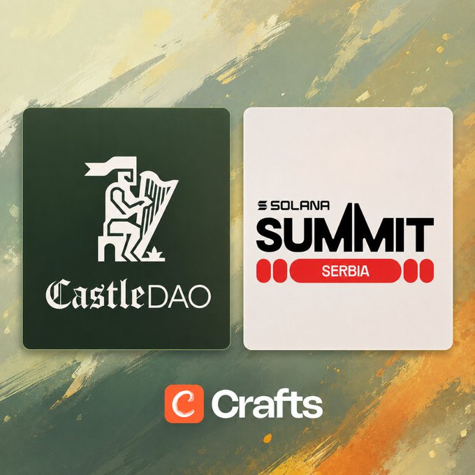 Collaborative graphic featuring CastleDAO and Solana Summit Serbia logos side by side, with the Crafts logo at the bottom on an abstract painted background.