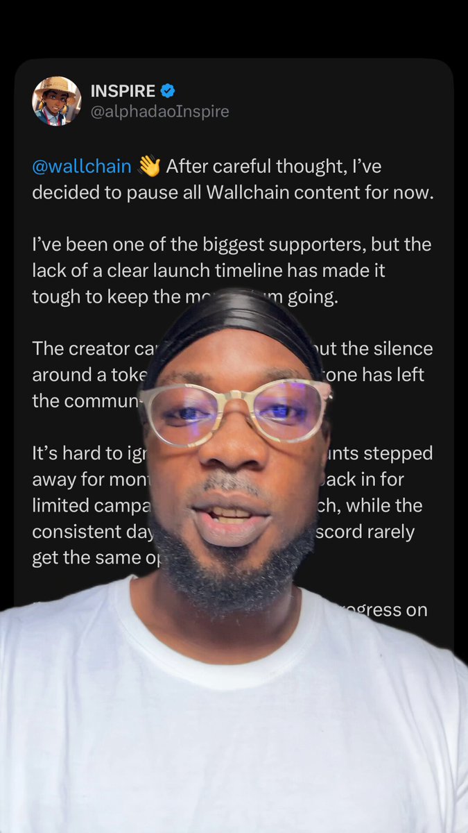 The image features a man wearing glasses, possibly a white t-shirt, with his face displayed prominently against a black background. The caption of the image reads "I really want to know you guys thought as a creator about wallchain latest campaign screening". This suggests that the man is curious about the opinions and thoughts of others regarding the new campaign or project related to wallchain.