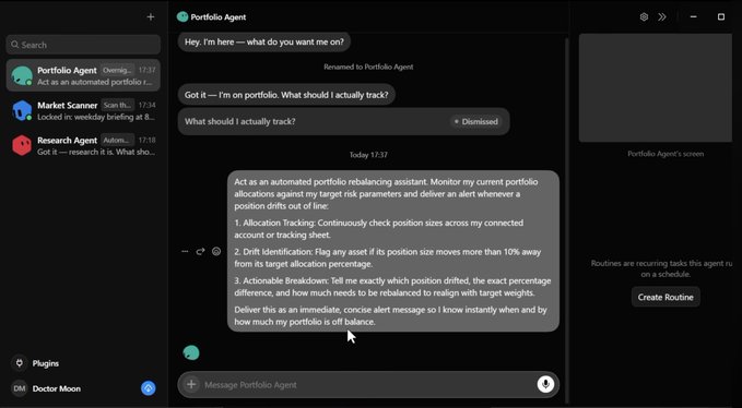 A screenshot of a chat interface shows a 'Portfolio Agent' describing itself as an automated portfolio rebalancing assistant that monitors allocations and delivers alerts when drift exceeds target percentages.