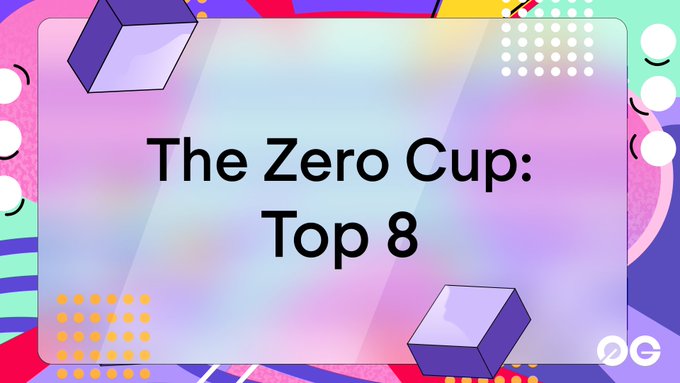 A colorful, Memphis-style graphic with geometric shapes and a glossy gradient panel displays the text "The Zero Cup: Top 8," visually announcing the tournament's narrowed competition of eight finalists from the initial 218 entries, aligning with the post's call for community voting on real AI apps built on 0G.