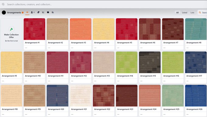 A digital interface displays a gallery of 26 colorful textured arrangements labeled 'Arrangement #1' through 'Arrangement #26', with options to 'Make Collection Offer' and search collections.