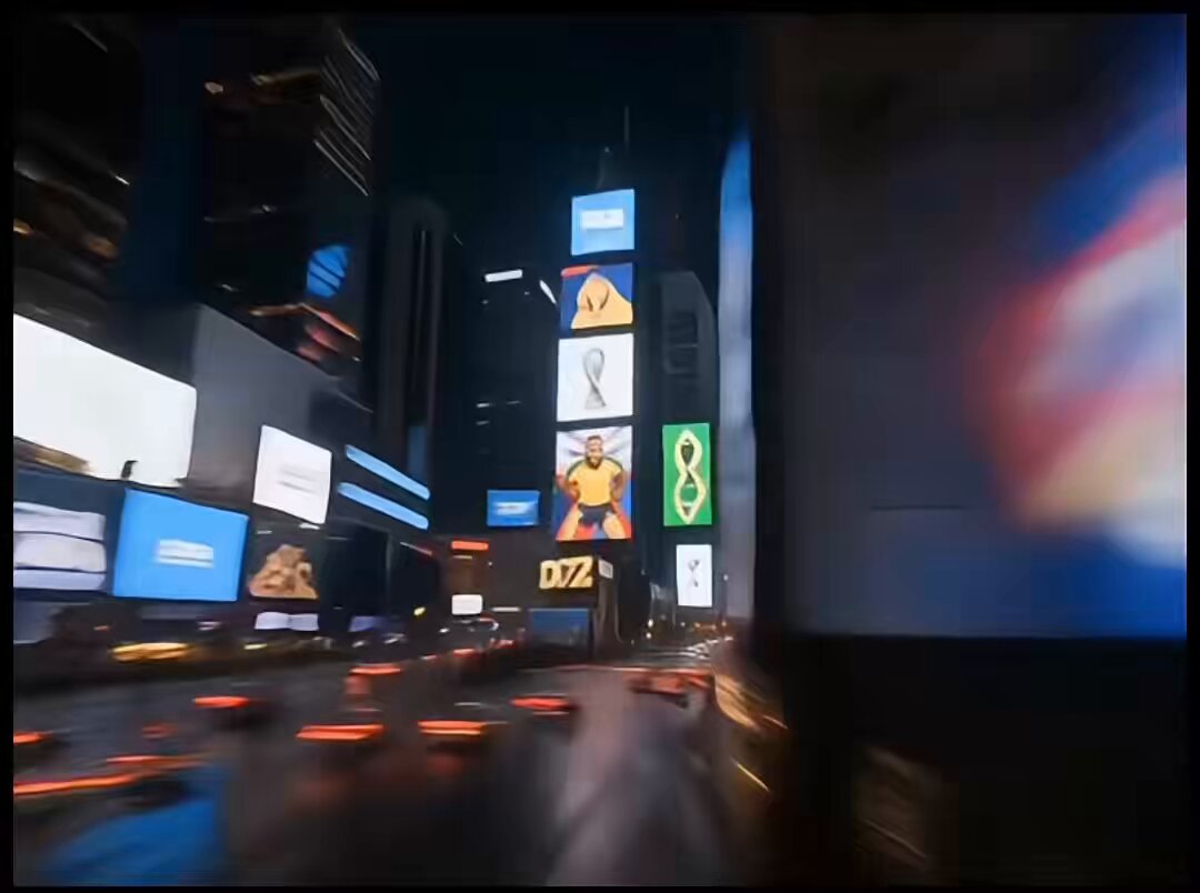 The image shows a city street at night with tall buildings, including one that has a billboard featuring a man holding a sign for "Doge Head Coin". The perspective of the photo appears to be taken from inside a car or moving through the scene as if captured in motion.