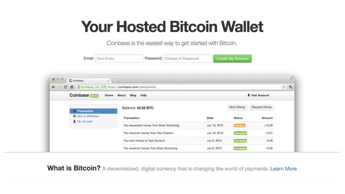 A webpage screenshot titled 'Your Hosted Bitcoin Wallet' shows the Coinbase interface with a signup form and a dashboard displaying a balance of 42.02 BTC and transaction history.