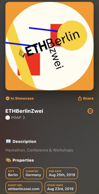An NFT listing card for 'ETHBerlinZwei' (POAP), described as a Hackathon, Conference & Workshops held in Berlin, Germany from August 23rd to 25th, 2019.