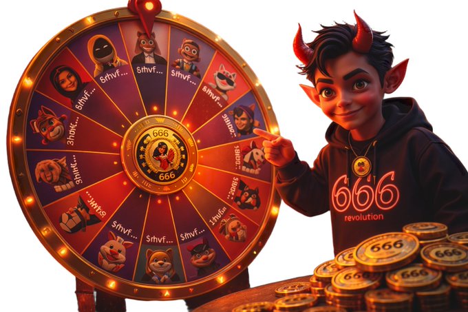 A devilish character wearing a "666 revolution" hoodie points to a glowing prize wheel featuring various meme avatars and the central "666" logo, while stacks of gold coins stamped with "666" sit beside him—visually reinforcing the $666 MemeCoin's jackpot giveaway promotion tied to XRP holders.