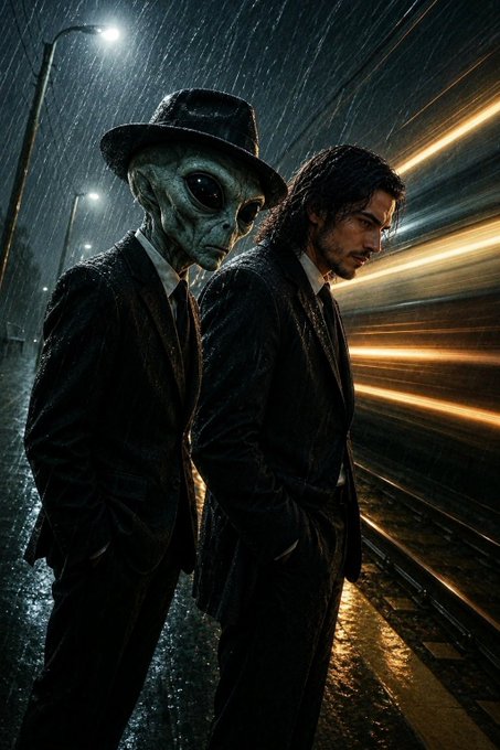 A cinematic, rain-soaked scene showing a grey alien wearing a fedora and suit, standing back-to-back with a long-haired man in a black suit as a train streaks by with motion blur.
