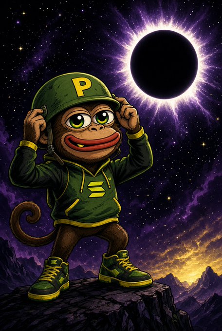 A cartoon illustration of a monkey wearing a green hoodie with a yellow 'P' logo on its cap, standing on a rocky peak against a starry night sky featuring a solar eclipse.