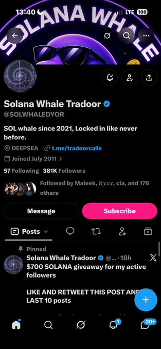 A Twitter profile page for 'Solana Whale Tradoor' (@SOLWHALEDYOR) showing 381K followers and a pinned post about a '$700 SOLANA giveaway'.