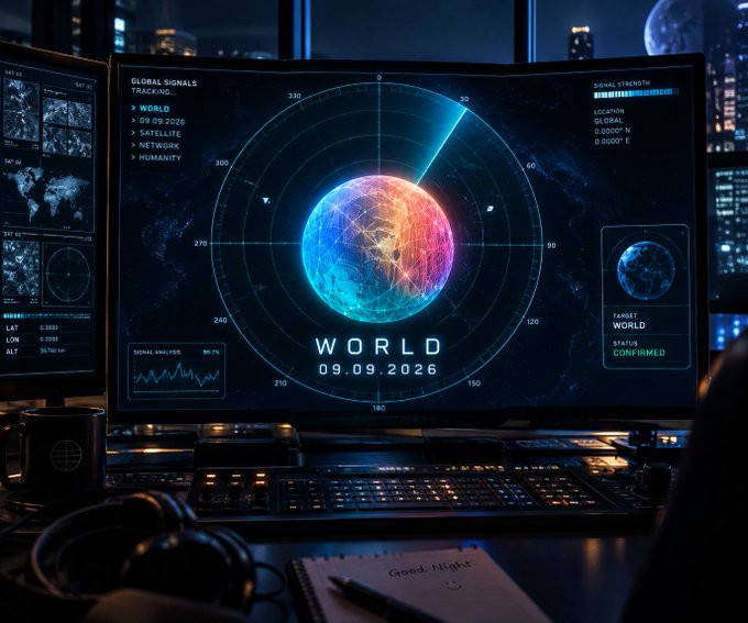 A curved monitor displays a "Global Signals Tracking" interface with "WORLD 09.09.2026" at the center of a radar-like scan, flanked by data readouts including "Satellite," "Network," and "Humanity" categories. A notepad in the foreground reads "Good night," tying together the ominous setup of the satellite tracking display with the post hinting at an impending World project announcement.