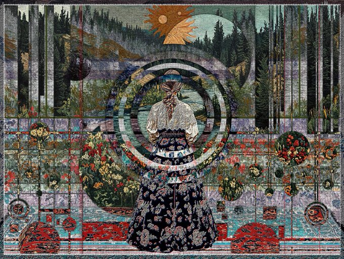 A textured artwork or tapestry features a figure in a floral skirt and lace top standing in a lush garden setting with circular patterns, surrounded by flowers, foliage, and a distant landscape.