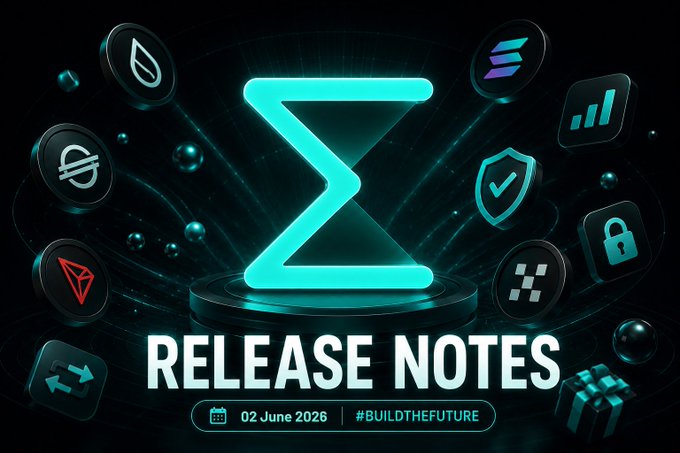 The image features a poster with a blue "E" symbol surrounded by various icons related to cryptocurrency. The text at the bottom of the poster reads "Release Notes", indicating that there are new releases or updates available for Sumex. The release notes cover topics such as the expansion of the swap engine, new liquidity access options, and route availability across different networks.